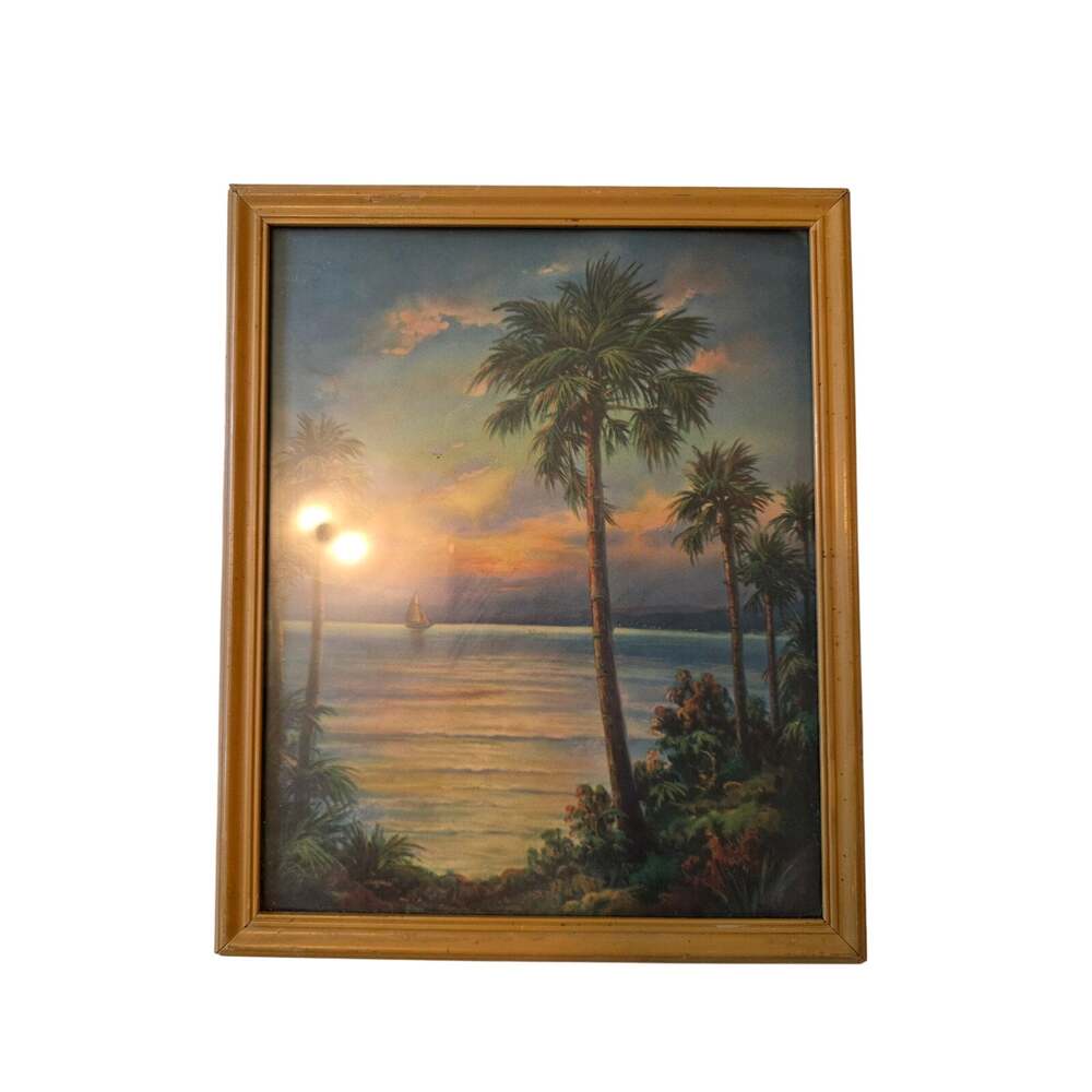 VTG MCM Hawaiian Tropical Landscape Print Wall Art Framing Decor Coastal